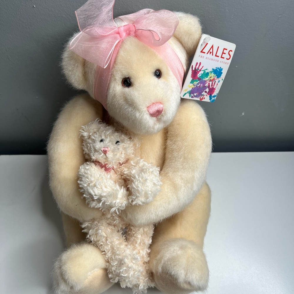 Zales Gund Mom Bear Holding Baby Bear Plush Cream and Pink Teddy Bear